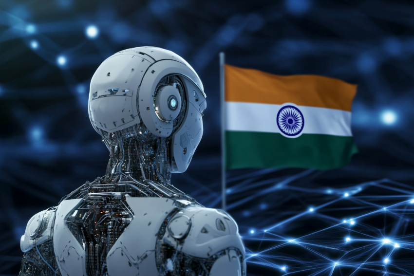 En AI-robot ser på det indiske flagget, symboliserer Indias fremgang innen kunstig intelligens