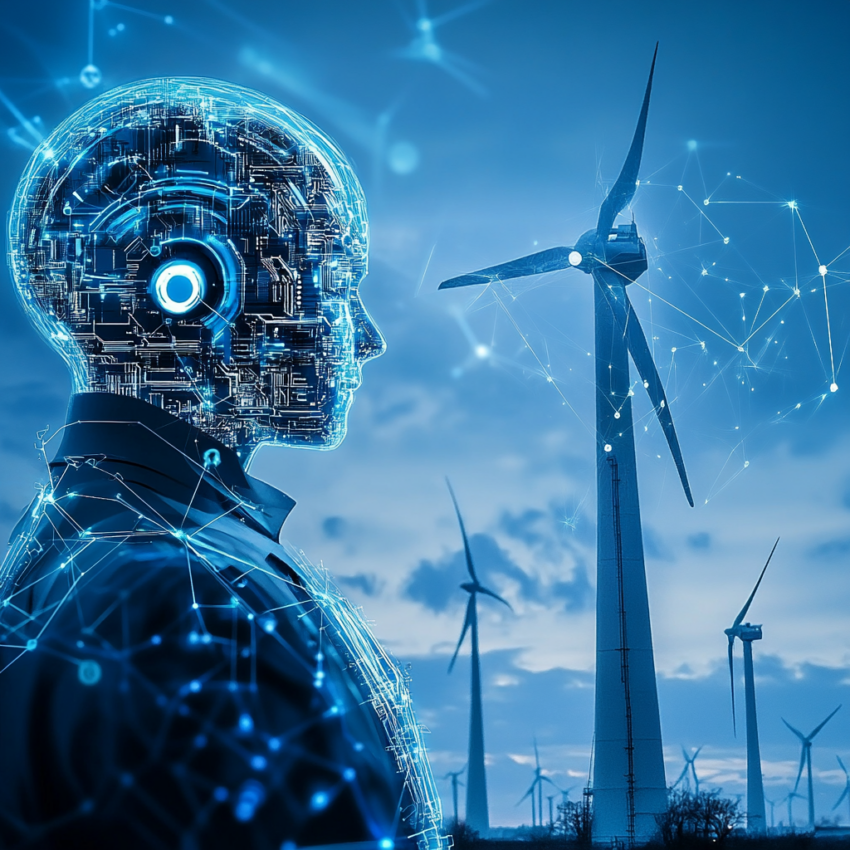 AI-robot med vindmøller som genererer fornybar energi, symboliserer bærekraftig AI-teknologi.