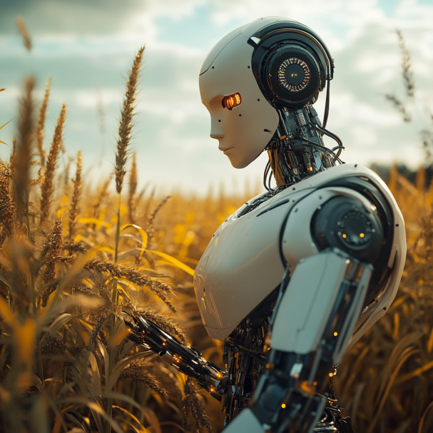 En illustrasjon som viser en robotbonde i en åker, symbolsk for spenningen mellom tradisjon og teknologi i landbruket.
