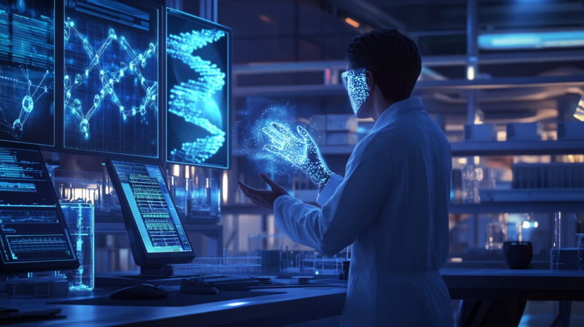 En forsker samarbeider med en holografisk AI-assistent i et futuristisk laboratorium, omgitt av data og molekylmodeller.