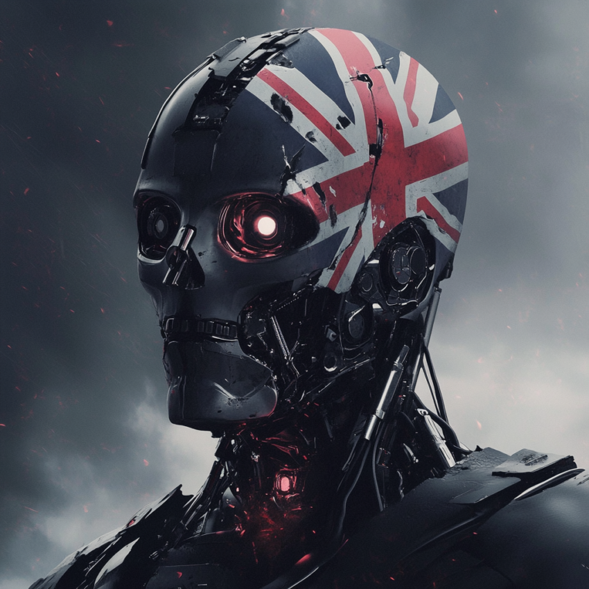 Truende robothode med britisk flagg symboliserer Storbritannias kontroversielle dreining mot sikkerhetsfokusert KI-politikk