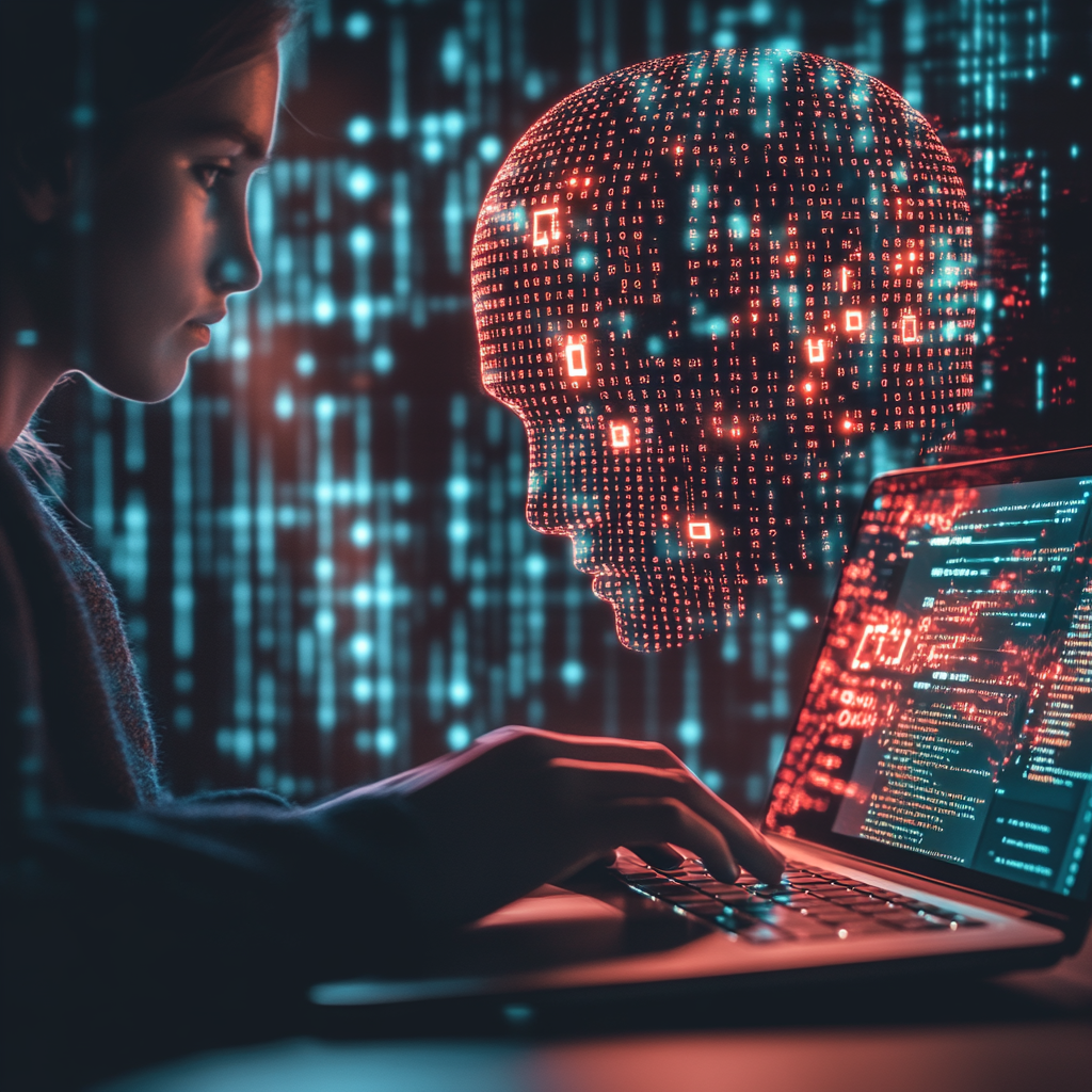 Person foran laptop med digitalt KI-grensesnitt i rødt og blått, symboliserer databeskyttelse og kunstig intelligens