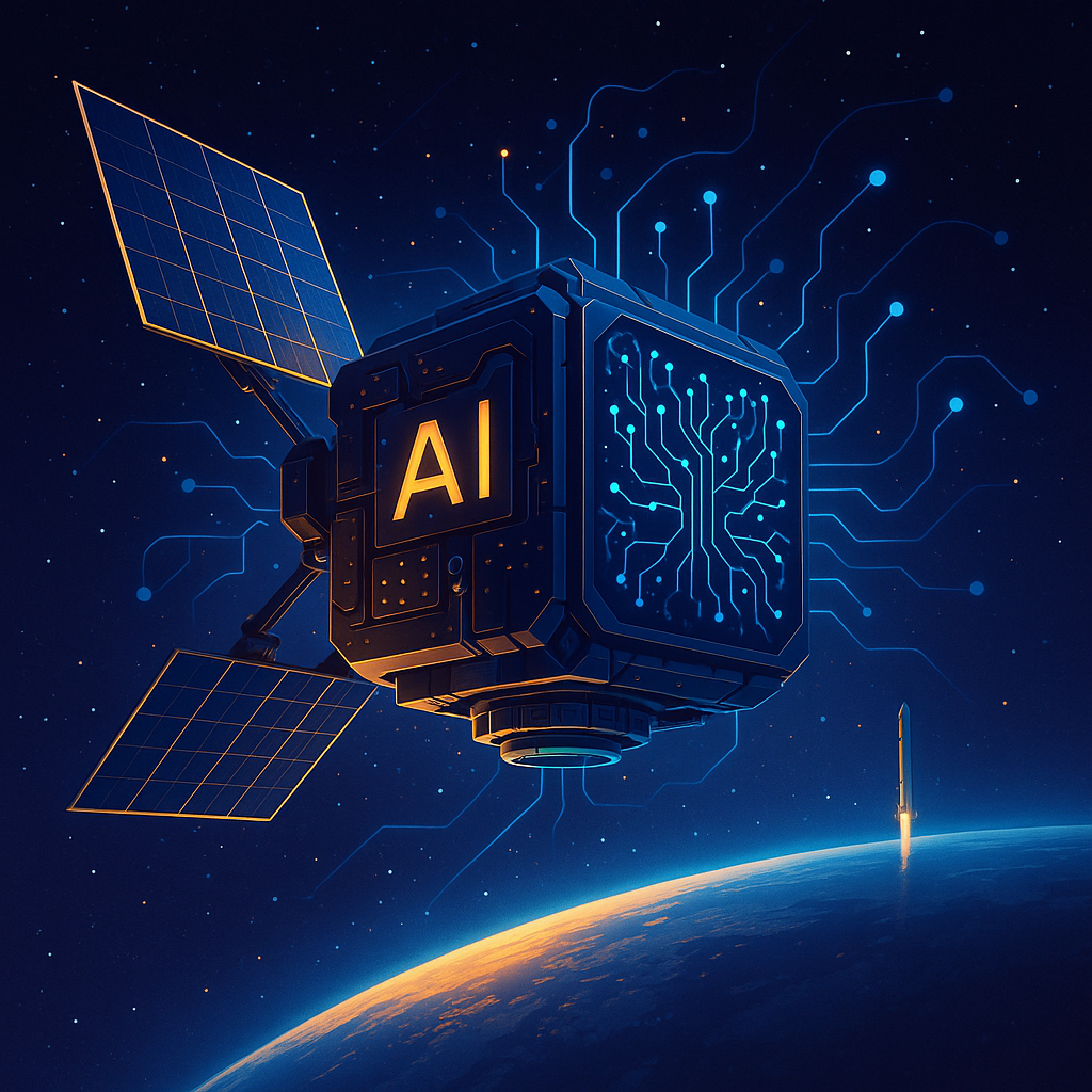 Illustrasjon av et futuristisk rombasert datasenter for kunstig intelligens med solcellepaneler og nevrale nettverksmønstre i bane rundt jorden